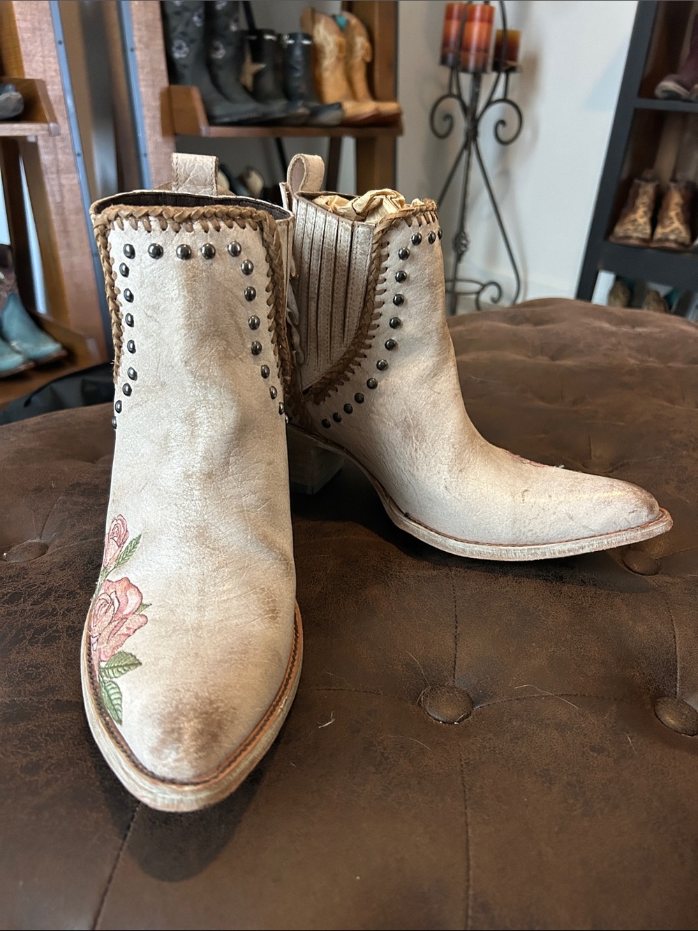 Old Gringo Beige Ankle Boots with Pink Rose Embroidery